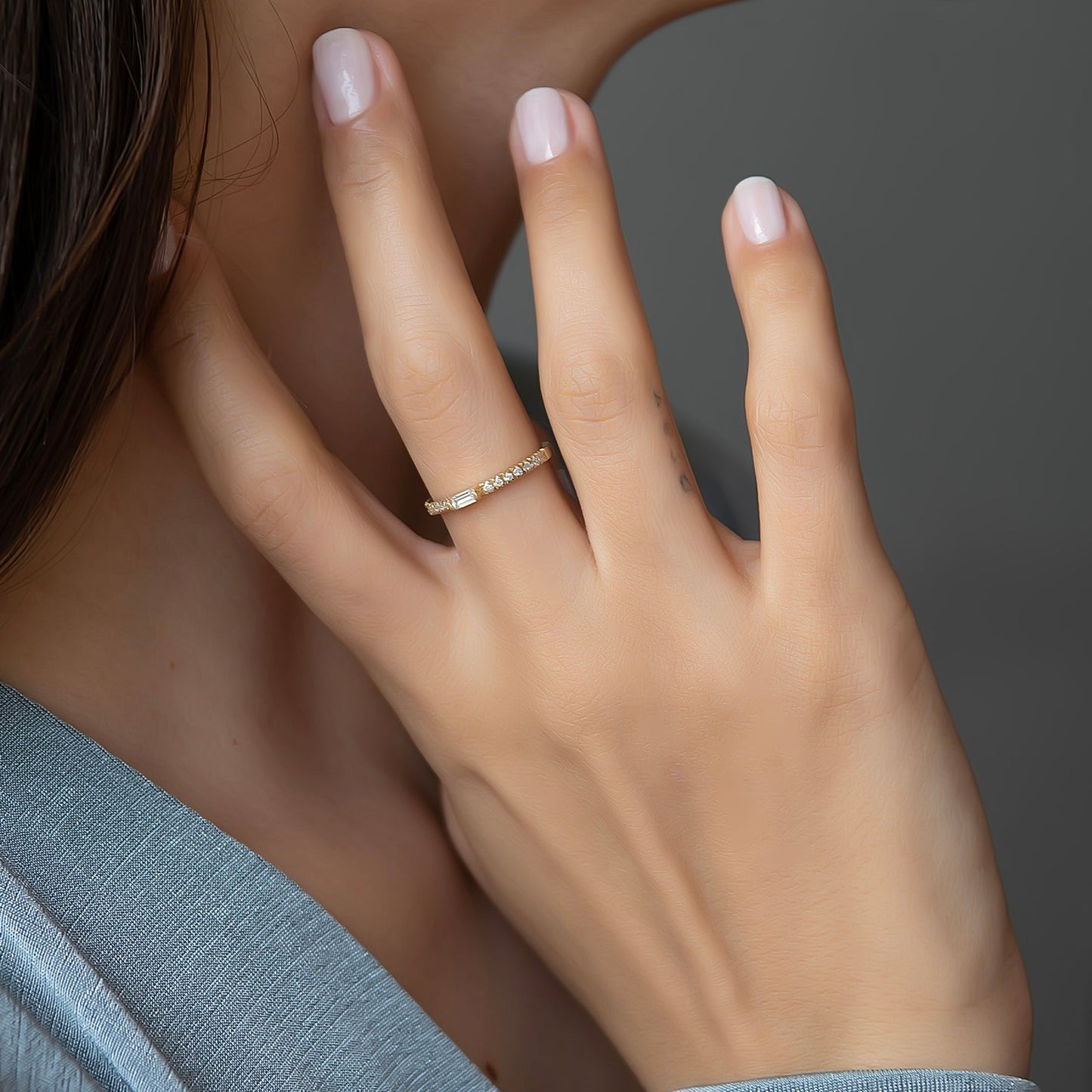 Half Round Baguette Gold Ring Focus