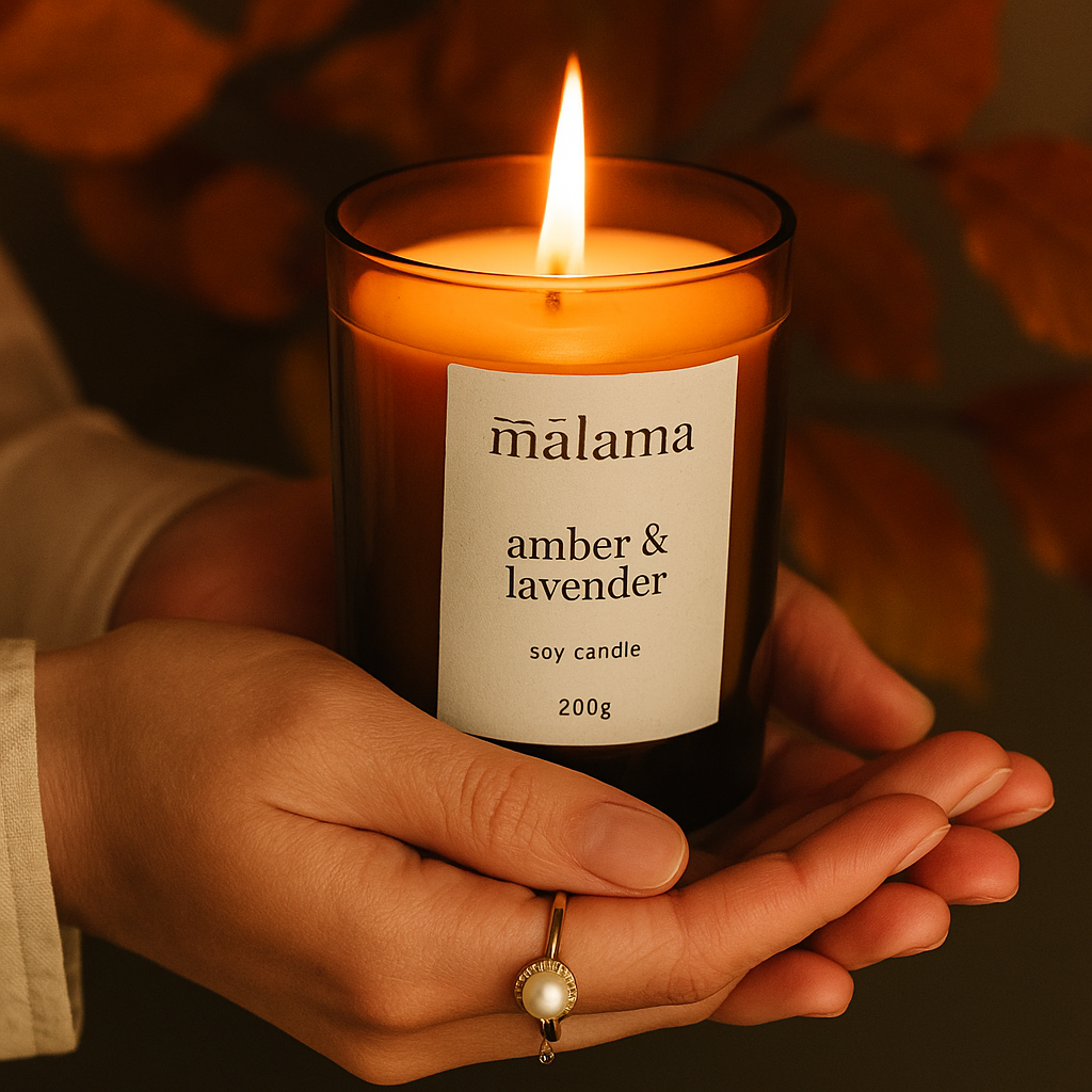 Malama Amber & Lavender - Lit Candle -Brown Glass