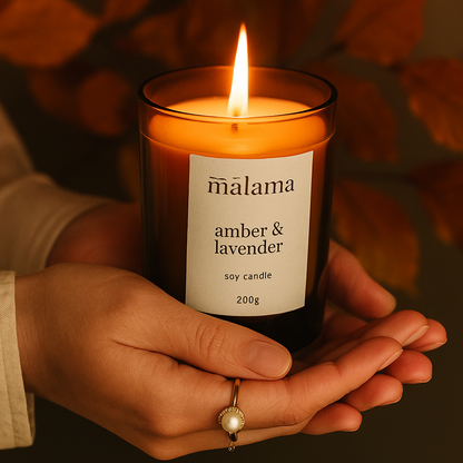 Malama Amber & Lavender - Lit Candle -Brown Glass